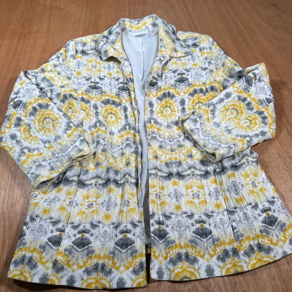Alfred Dunner Jacket Womens 14 Yellow Grey Tie Dye Crinkle Pleat Lined Open